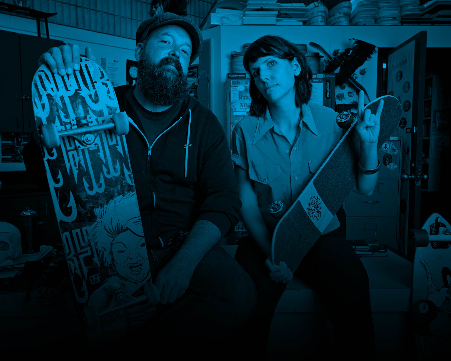 Teachers Craig Morrison and Lauren Hortie at Oasis Skateboard Factory