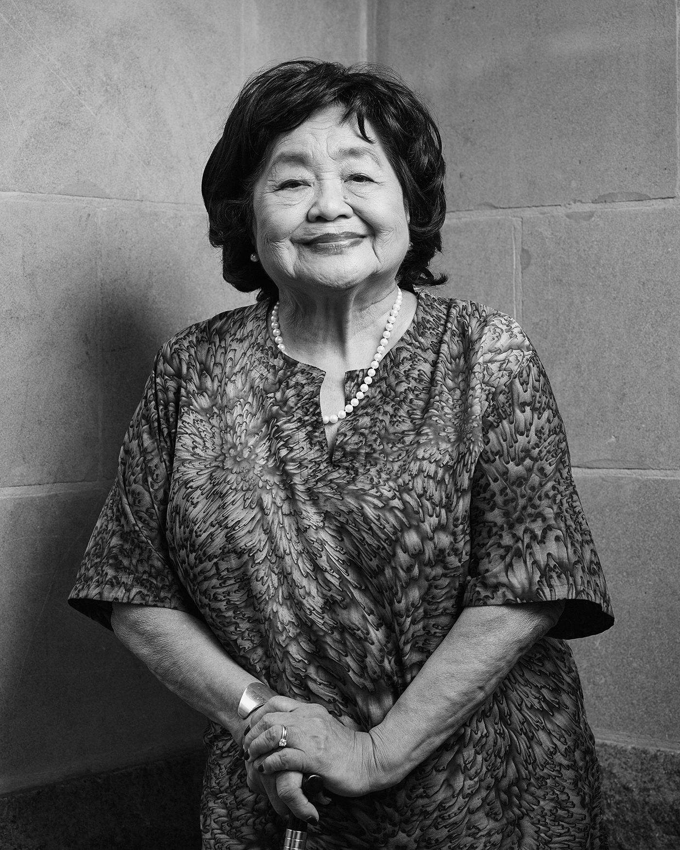 Portrait of Setsuko Thurlow in the Peace Garden at Nathan Phillips Square in Toronto.