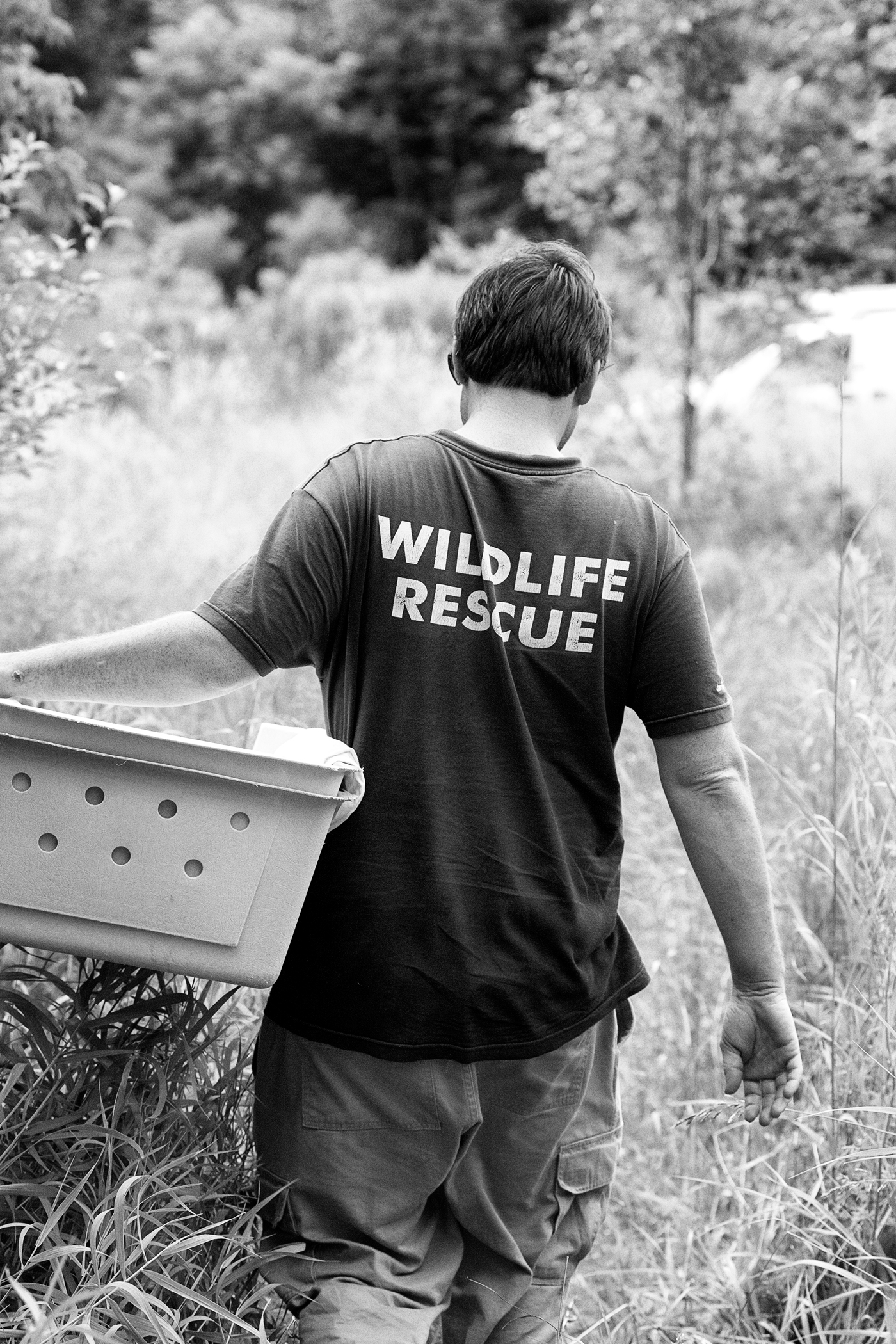 A man wearing a shirt reading "Wildlife Rescue" carries a crate in a field.