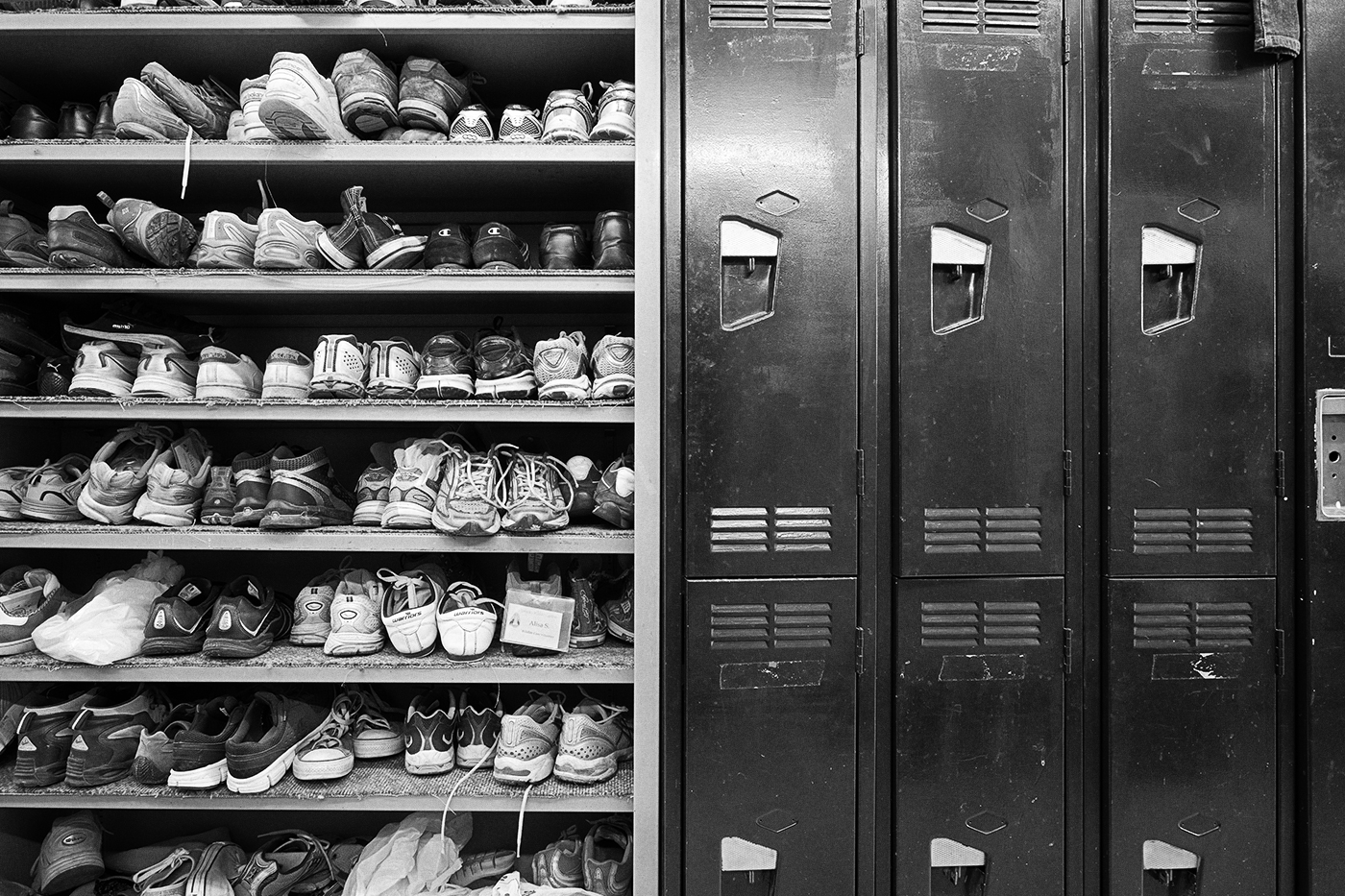 Lockers and racks of shoes at the Toronto Wildlife Centre