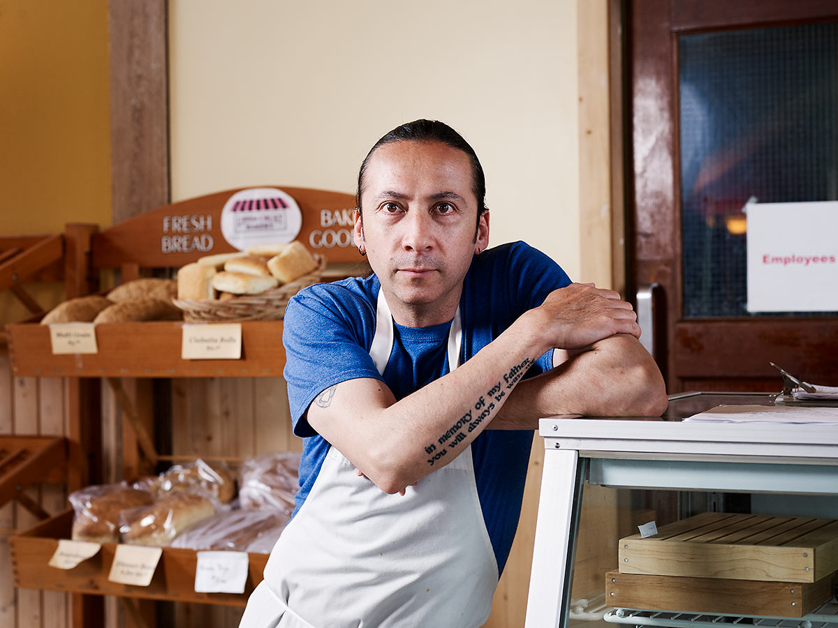 Chilean baker, actor, and martial artist Victor Reyes at the Upper Crust Bakery in Sointula, British Columbia